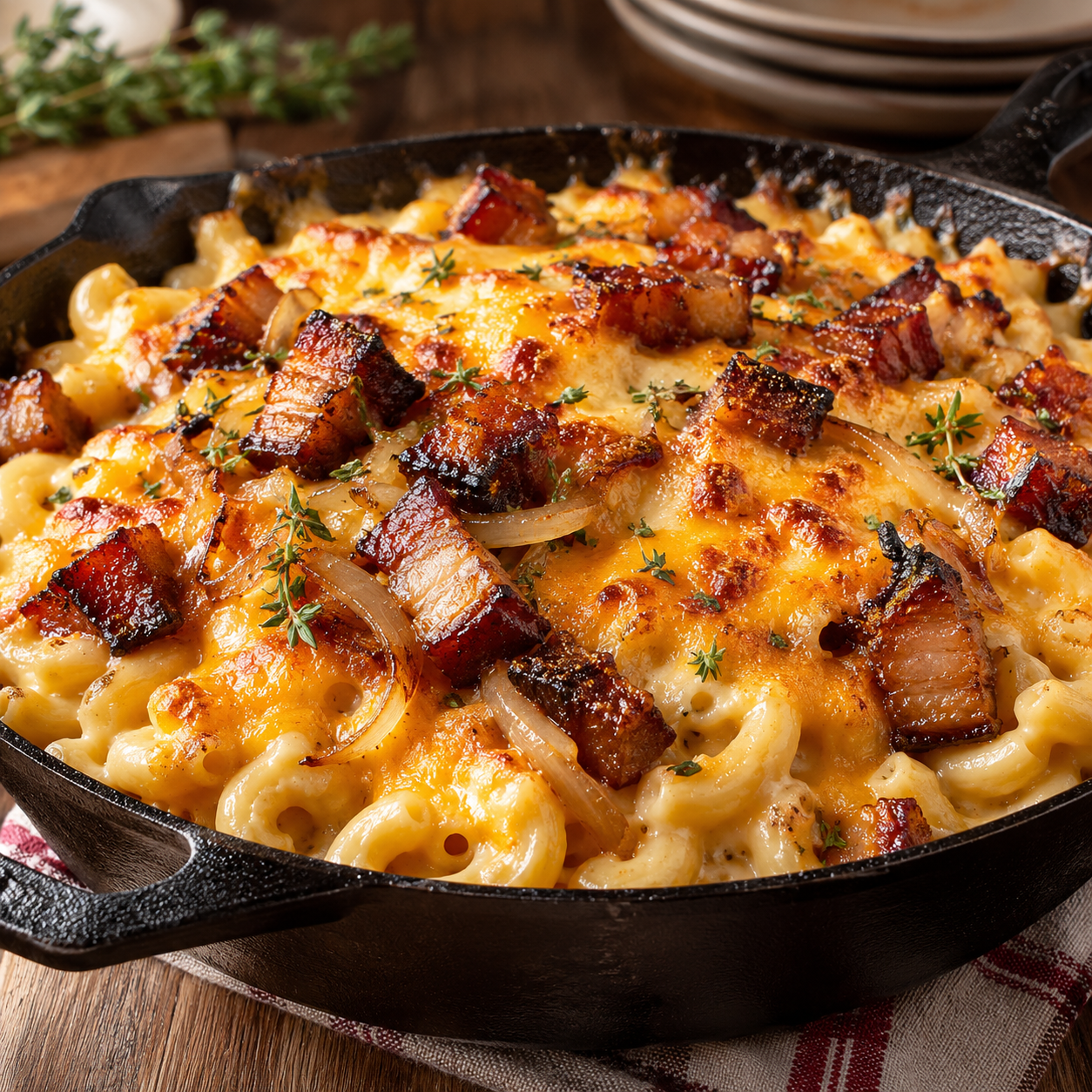 New School Mac & Cheese with Glazed Pork Belly and Onion